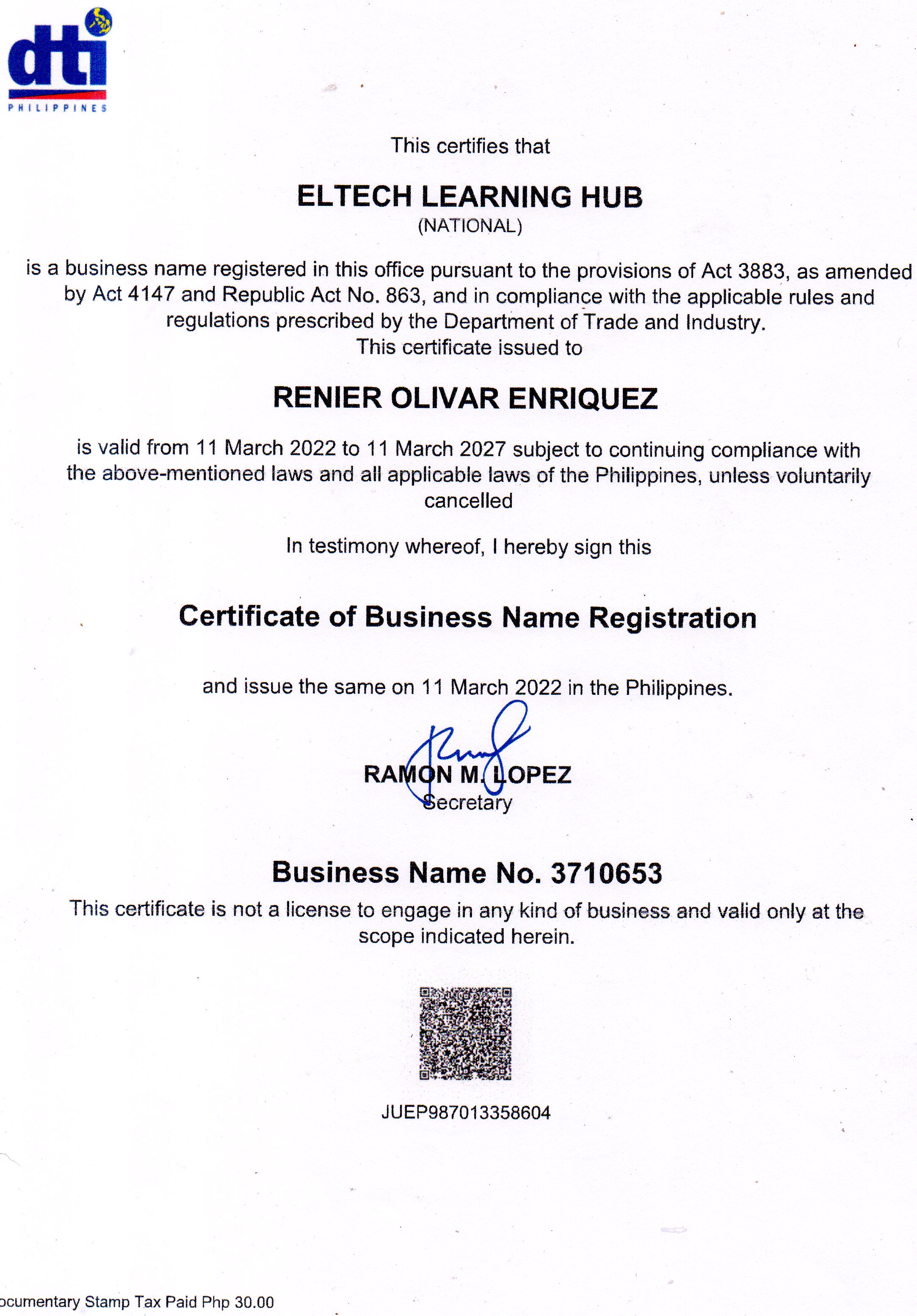 Dti Business Name Registration Payment